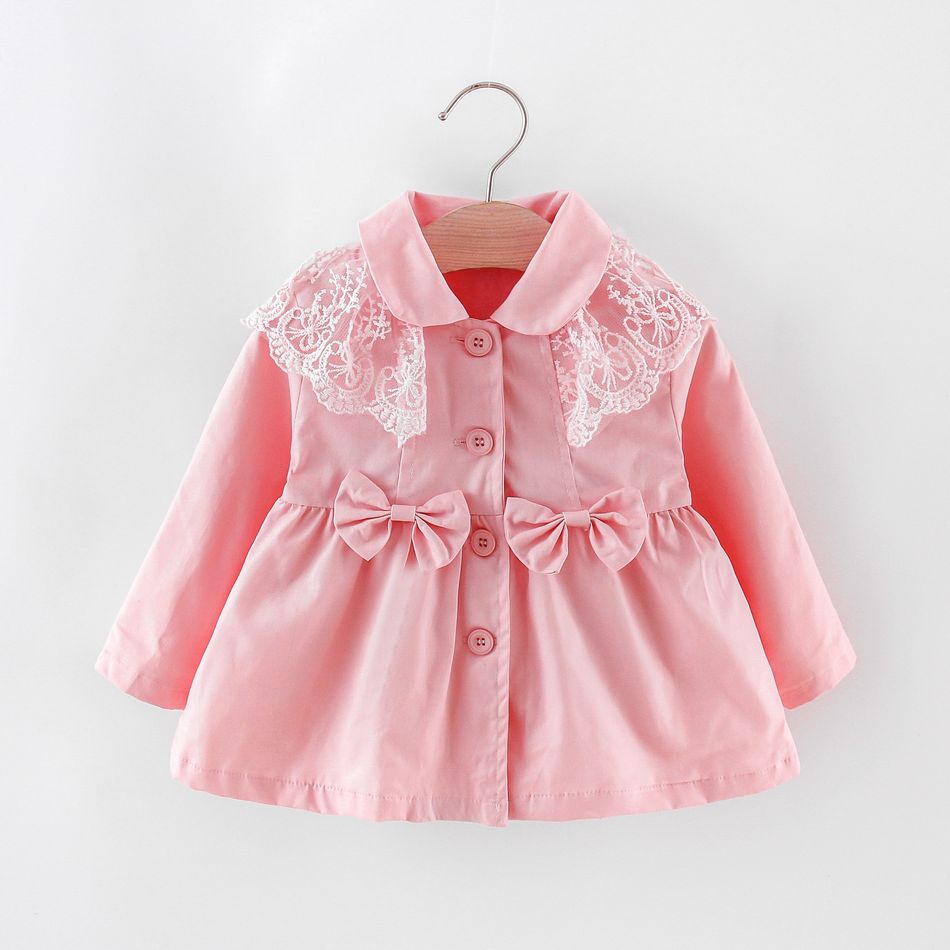 Toddler Girl Lace Design Bowknot Button Design Trench Coat Pink big image 1