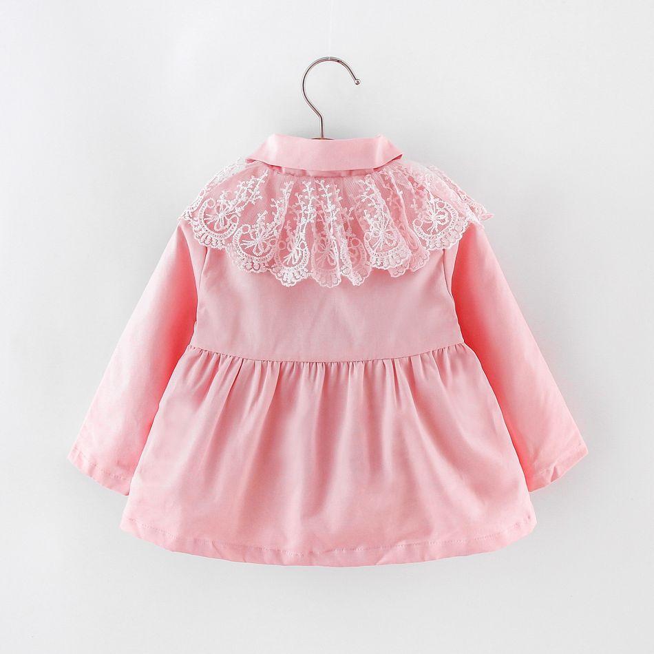 Toddler Girl Lace Design Bowknot Button Design Trench Coat Pink big image 2
