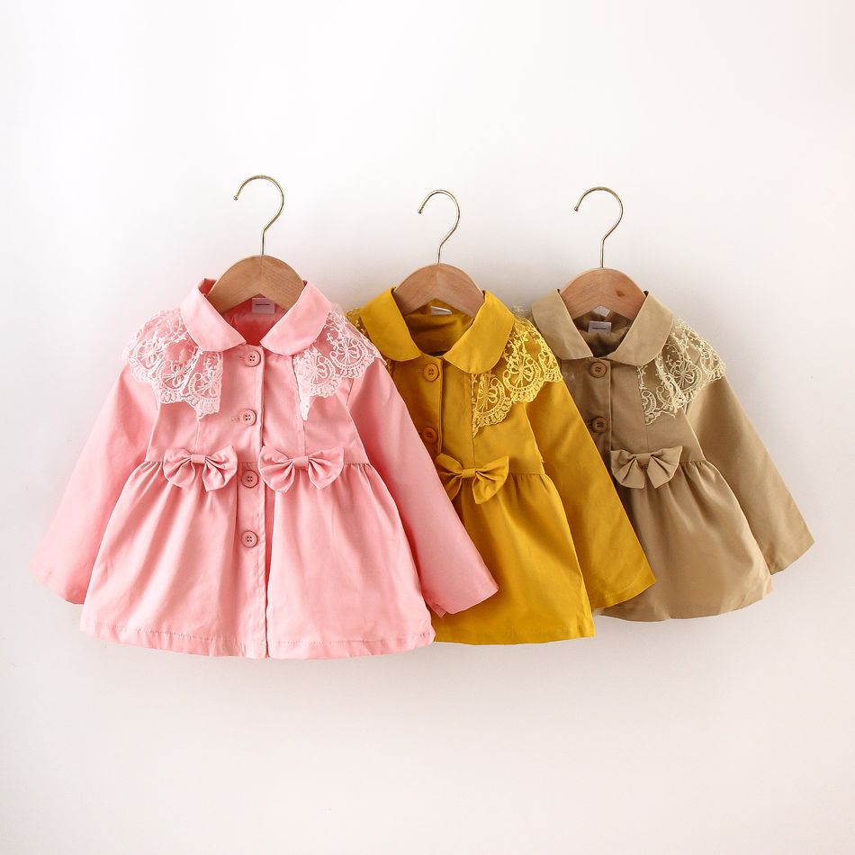 Toddler Girl Lace Design Bowknot Button Design Trench Coat Pink big image 3