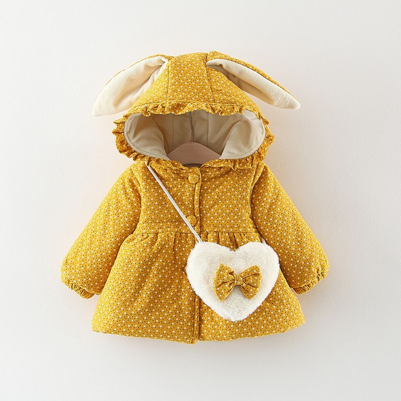 Polka Dots Print Ruffle and 3D Ear Decor Fleece-lining Long-sleeve Pink or Yellow Toddler Padded Coat and Fluffy Bag Set Yellow big image 2