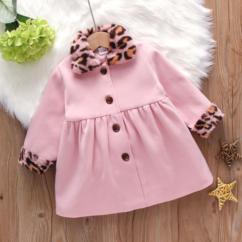 Toddler Girl Leopard Print Fuzzy Lapel Collar Collar Button Design Pink Coat Pink