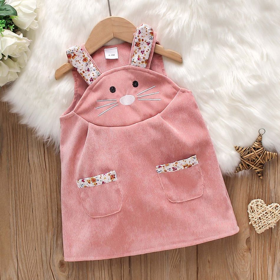 Baby Girl Cartoon Rabbit Pattern Pink Corduroy Sleeveless Tank Dress Coral