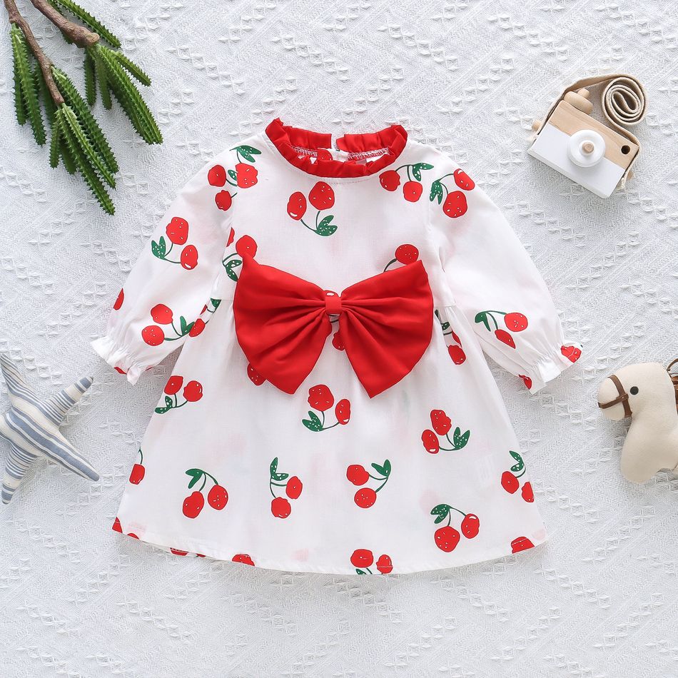 Baby Girl All Over Red Cherry Print Bowknot Frill Long-sleeve Dress Red