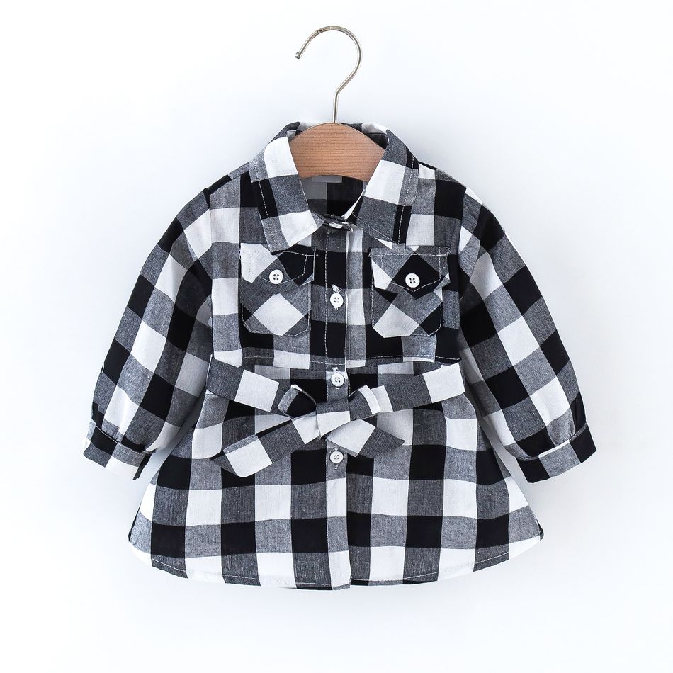 Baby Girl Black and White Plaid Button Up Long-sleeve Belted Outwear Black