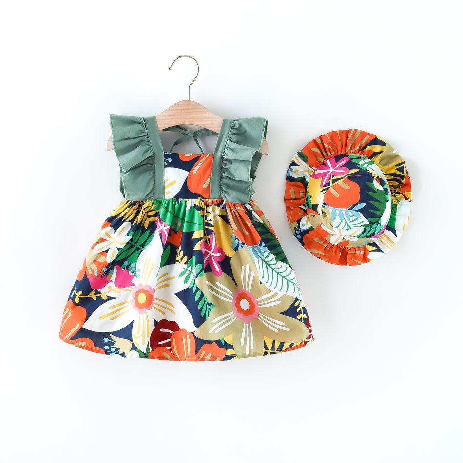 Baby 2pcs Floral Allover Ruffle Decor Flutter-sleeve Green or Red Dress with Hat Set Green