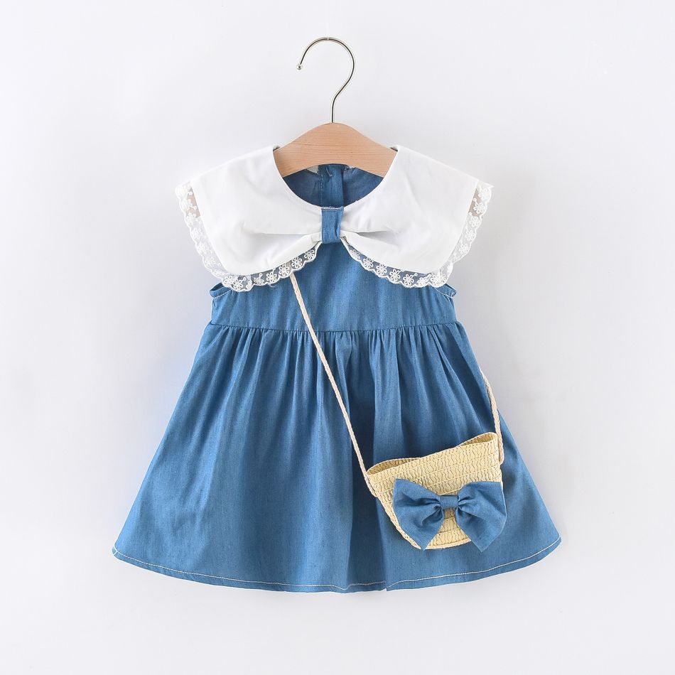 2pcs Baby Girl Bowknot Lace Collar Imitation Denim Sleeveless Dress with Crossbody Bag Set Blue