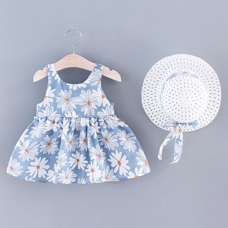 2 قطعة طفلة صغيرة الأزهار طباعة bowknot تصميم فستان بحزام ومجموعة قبعة من القش أزرق big image 2