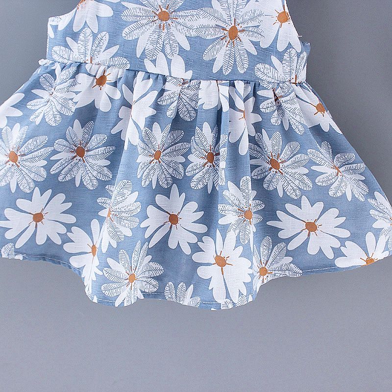 2 قطعة طفلة صغيرة الأزهار طباعة bowknot تصميم فستان بحزام ومجموعة قبعة من القش أزرق big image 4