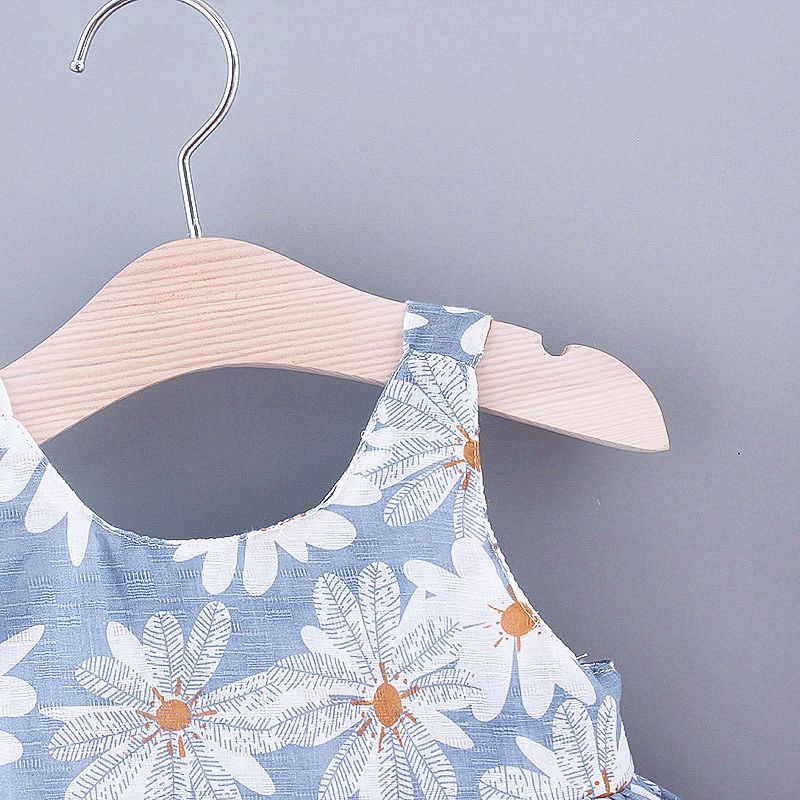 2pcs Baby Girl All Over Daisy Floral Print Bowknot Sleeveless Tank Dress with Hat Set Blue big image 3
