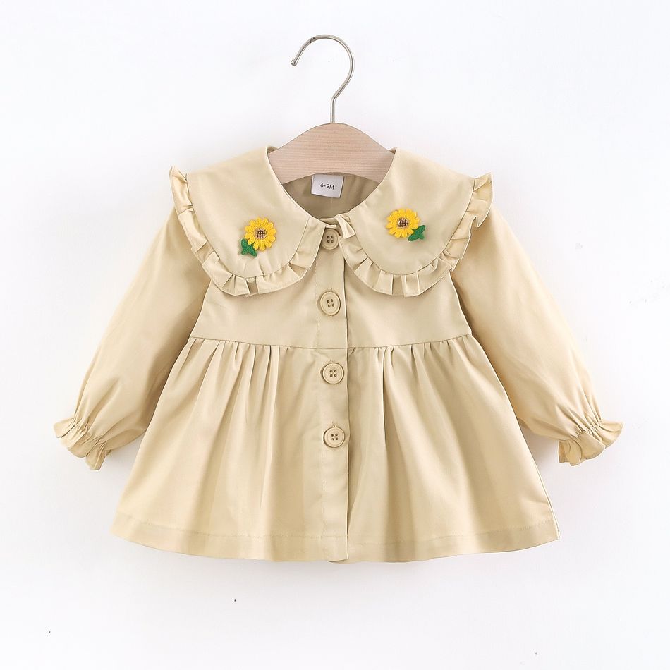 Baby Girl 95% Cotton Long-sleeve Sunflower Embroidered Ruffle Collar Single Breasted Coat Khaki