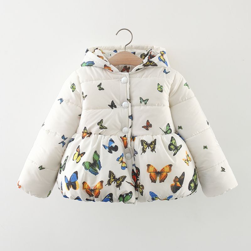 Kid Girl Butterfly Print Button Design Hooded Padded Coat Beige