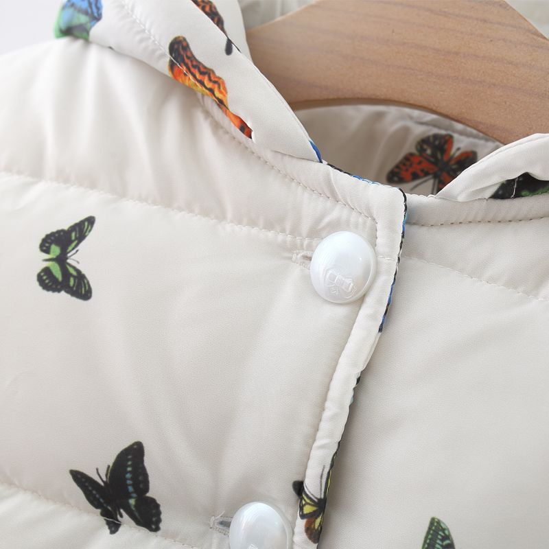 casaco acolchoado com capuz e design de botão com estampa de borboleta Cor Bege big image 4