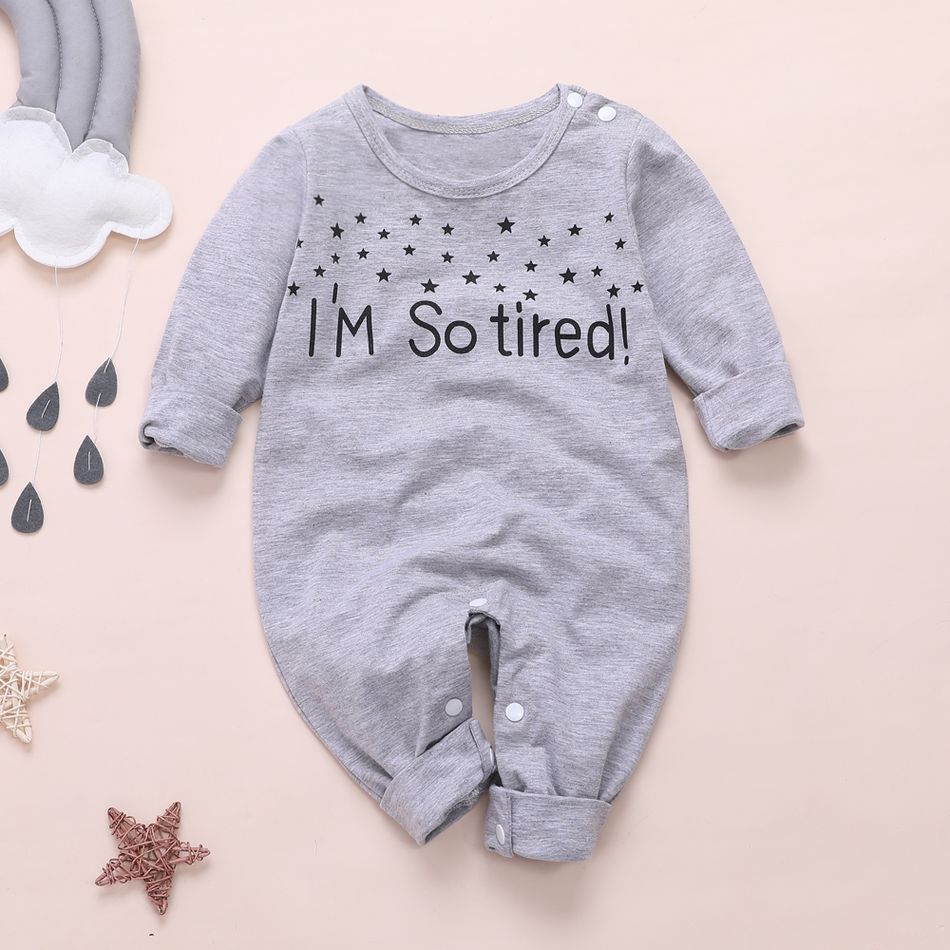 100% Cotton Letter and Stars Print Long-sleeve Baby Jumpsuit Grey big image 1