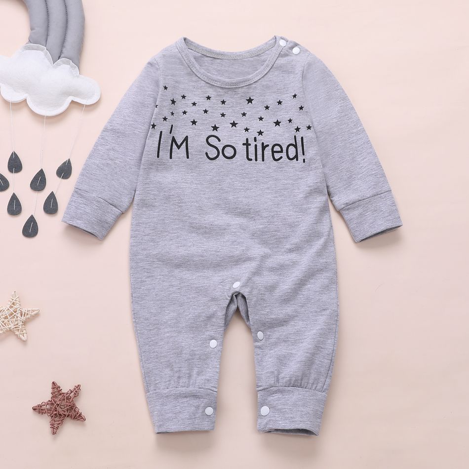 100% Cotton Letter and Stars Print Long-sleeve Baby Jumpsuit Grey big image 2