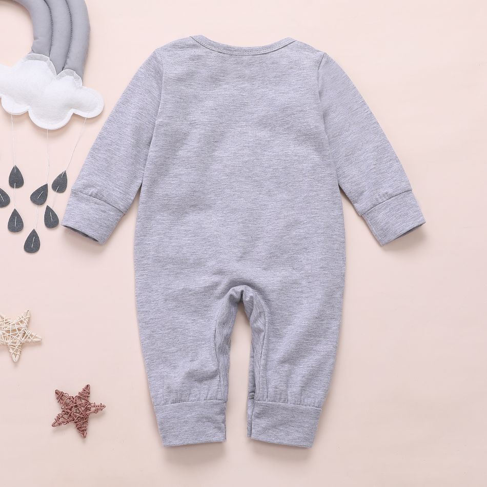 100% Cotton Letter and Stars Print Long-sleeve Baby Jumpsuit Grey big image 3