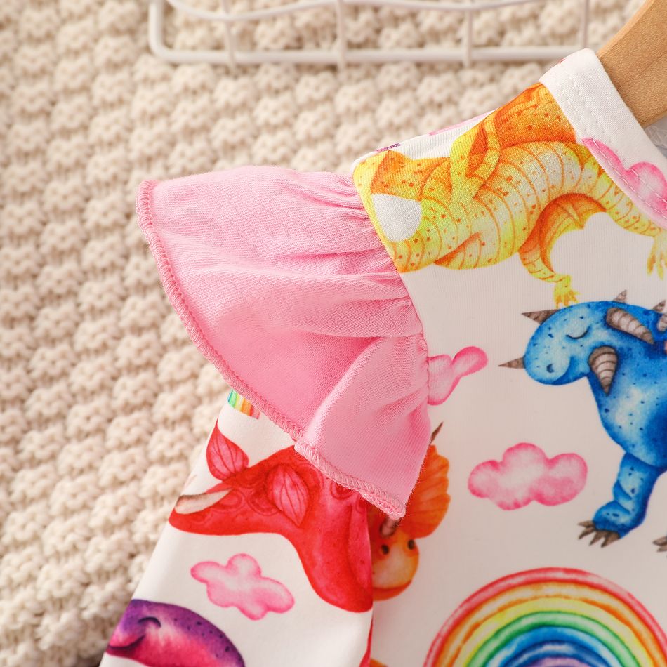 Toddler Girl Ruffled Dinosaur Cloud Rainbow/Floral Print Long-sleeve Pullover Sweatshirt Beige big image 3