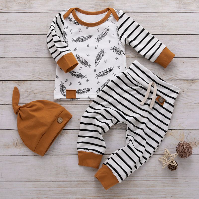 100% Cotton 3pcs Stripe and Feather Print Long-sleeve Baby Set Black/White big image 7