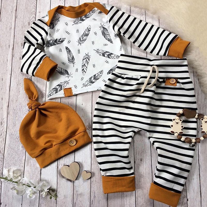 100% Cotton 3pcs Stripe and Feather Print Long-sleeve Baby Set Black/White big image 8