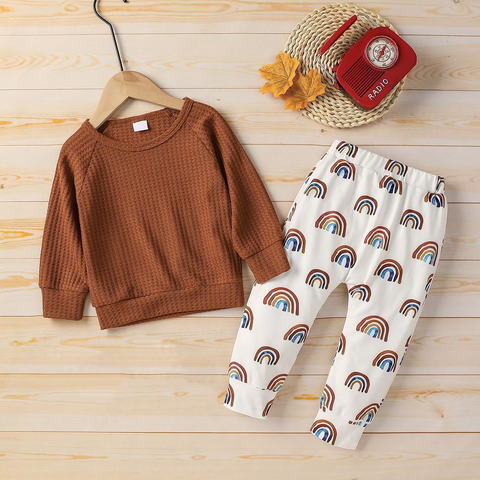 2-piece Toddler Girl/Boy Waffle Knit Sweater and Rainbow Print Pants Set Brown