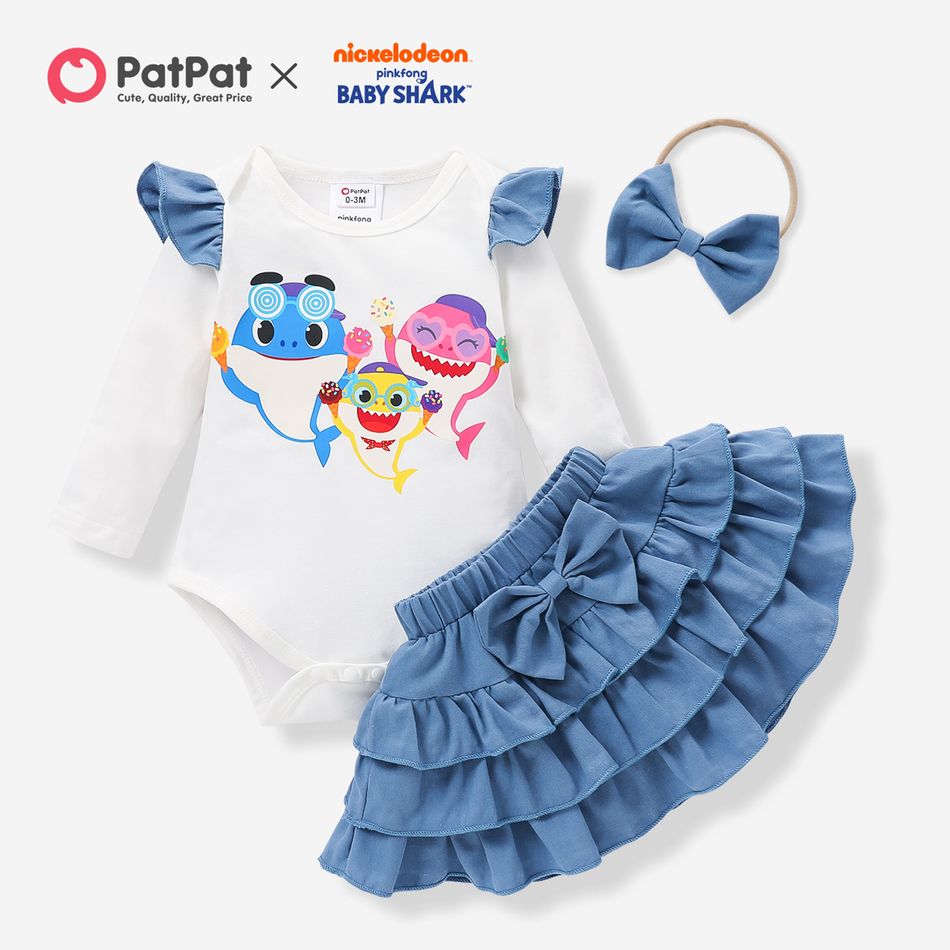 Baby Shark 3-piece Baby Girl Cotton Flounce Bodysuit and Skirt Set with Headband Blue