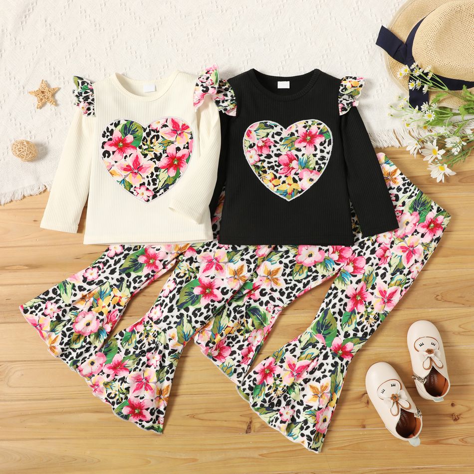 2-piece Toddler Girl Ruffled Floral Print Heart Pattern Ribbed Long-sleeve Top and Flared Pants Set White big image 2