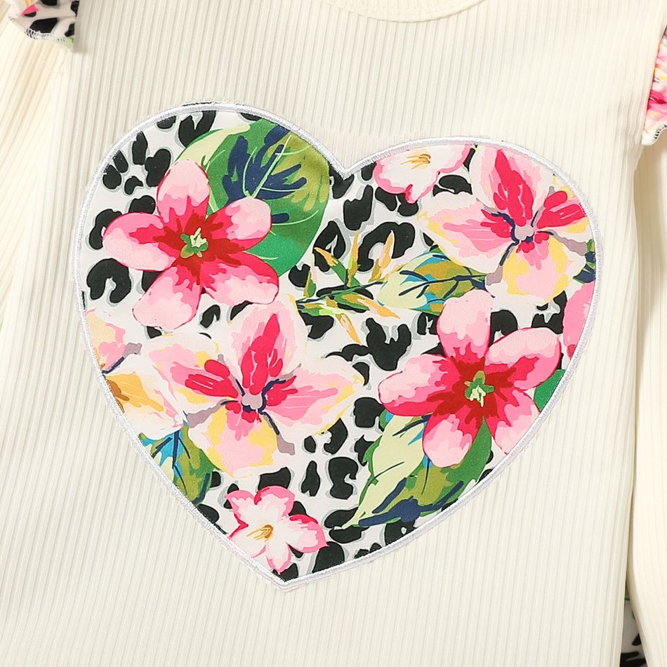 2-piece Toddler Girl Ruffled Floral Print Heart Pattern Ribbed Long-sleeve Top and Flared Pants Set White big image 4