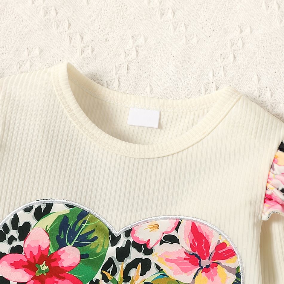 2-piece Toddler Girl Ruffled Floral Print Heart Pattern Ribbed Long-sleeve Top and Flared Pants Set White big image 5