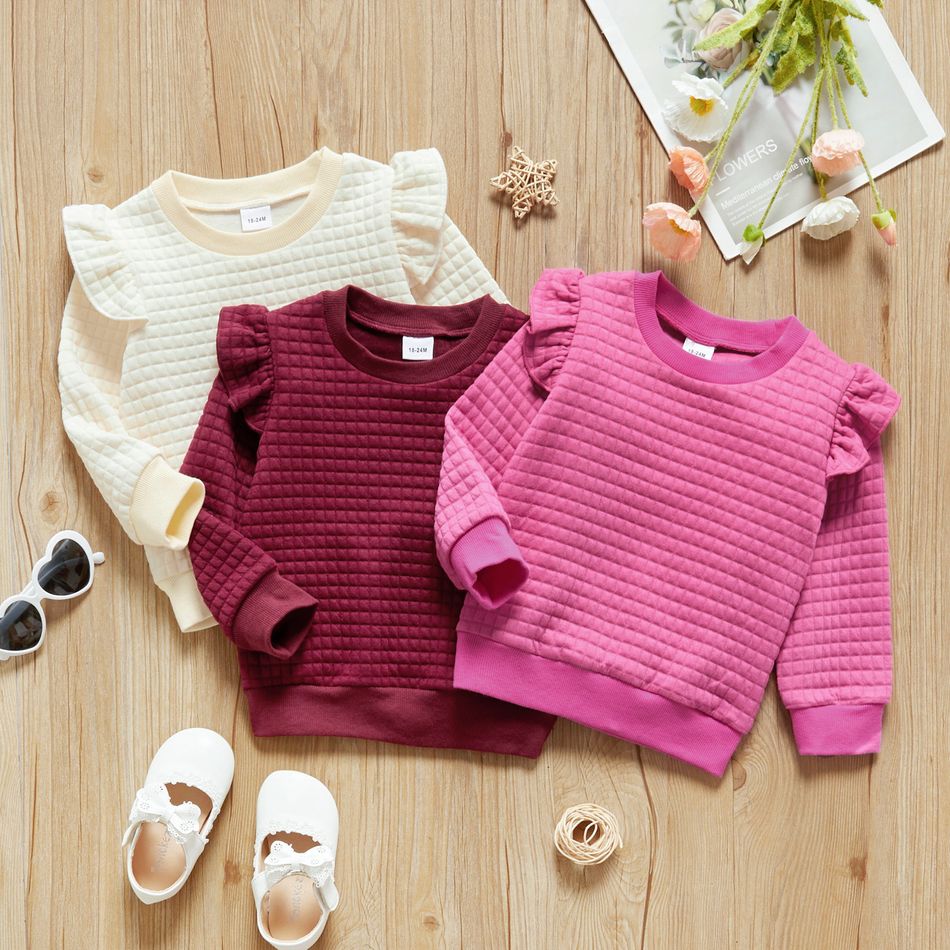 Toddler Girl Textured Ruffled Solid Pullover Sweatshirt Beige big image 3
