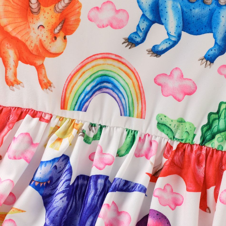 Criança Menina Mangas franzidas Infantil Dinossauro Vestidos Multicolorido