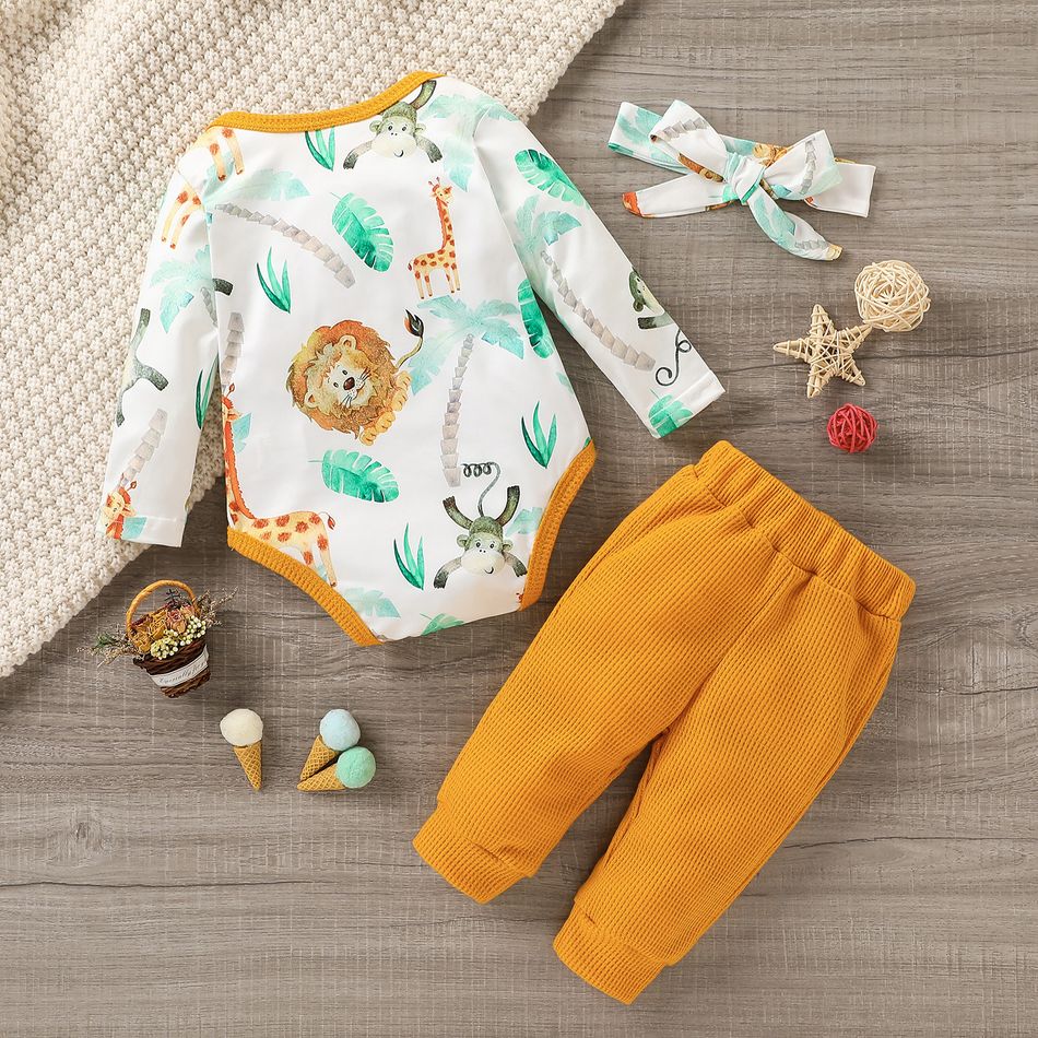 3pcs Baby Cartoon Animal Print Long-sleeve Romper and Solid Waffle Trousers Set Yellow big image 2