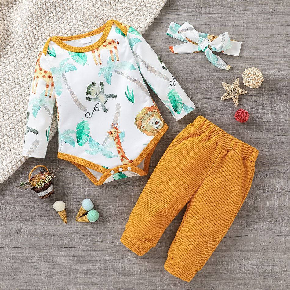 3pcs Baby Cartoon Animal Print Long-sleeve Romper and Solid Waffle Trousers Set Yellow big image 1