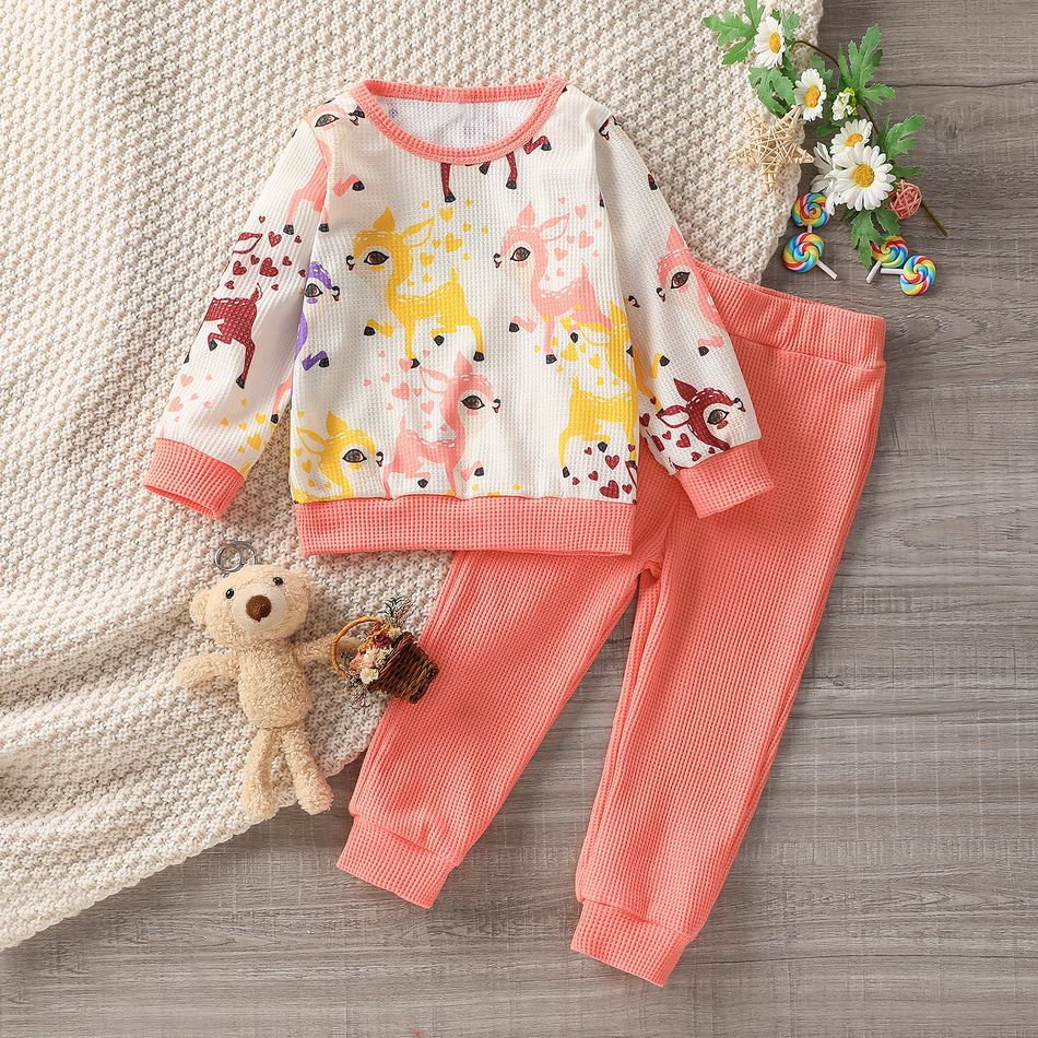 2-piece Toddler Girl Deer Print Waffle Textured Long-sleeve Top and Solid Color Pants Set Dark Pink