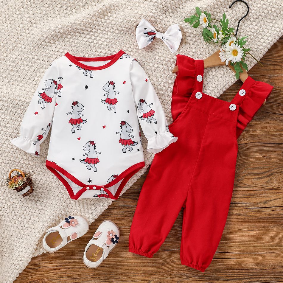 3pcs Baby Cartoon Elephant Print Long-sleeve Romper and Pink Corduroy Ruffle Overalls Set Red