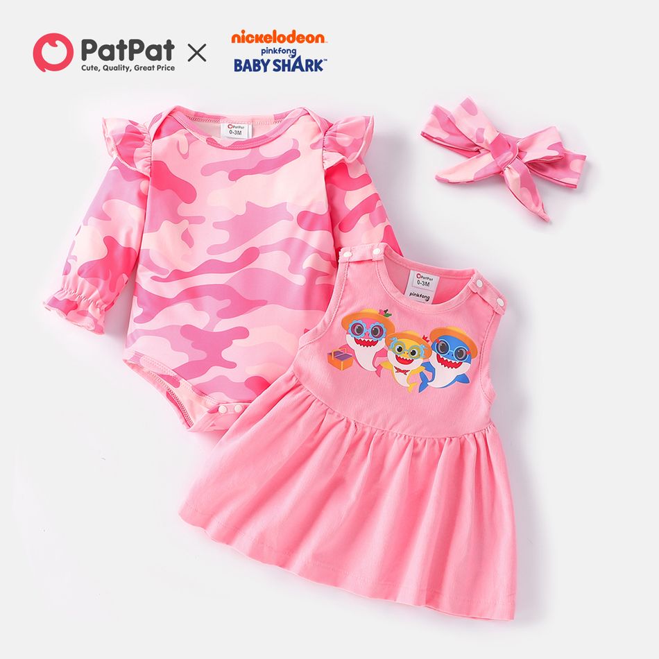 Baby Shark 3-piece Baby Girl Flounce Bodysuit and Cotton Dress Set with Headband Pink