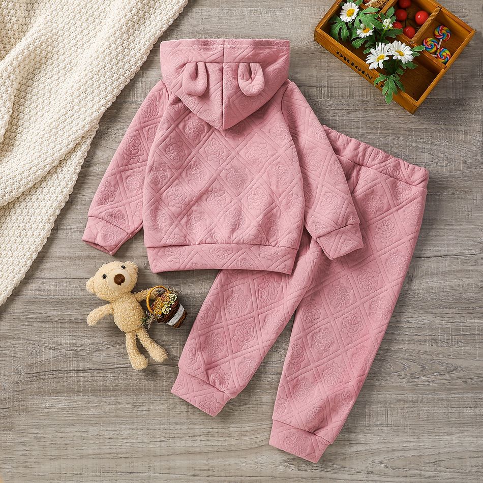 2-piece Toddler Girl Floral Pattern Textured Ear Design Hoodie Sweatshirt and Pants Set Pink big image 5