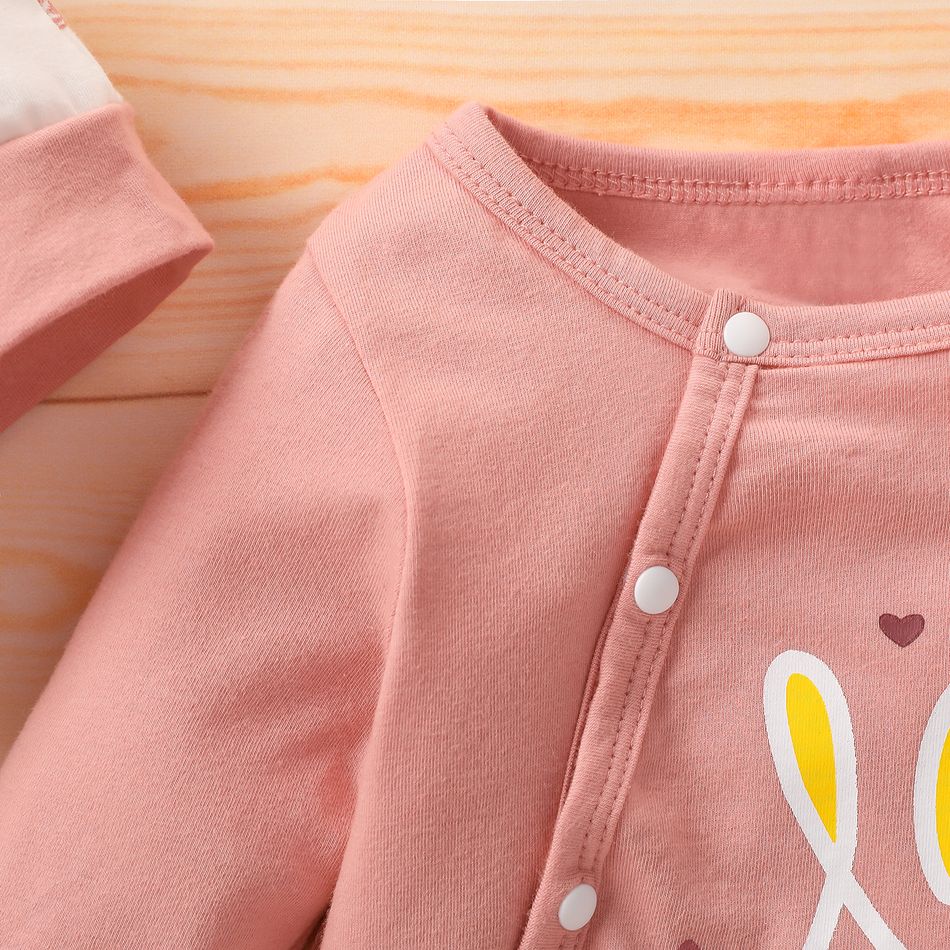2pcs Baby 95% Cotton Long-sleeve Love Heart Print Footed Jumpsuit with Hat Set Pink big image 4
