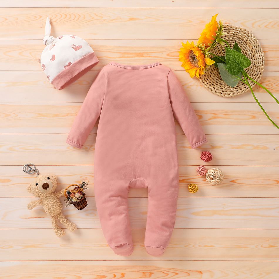 2pcs Baby 95% Cotton Long-sleeve Love Heart Print Footed Jumpsuit with Hat Set Pink big image 5