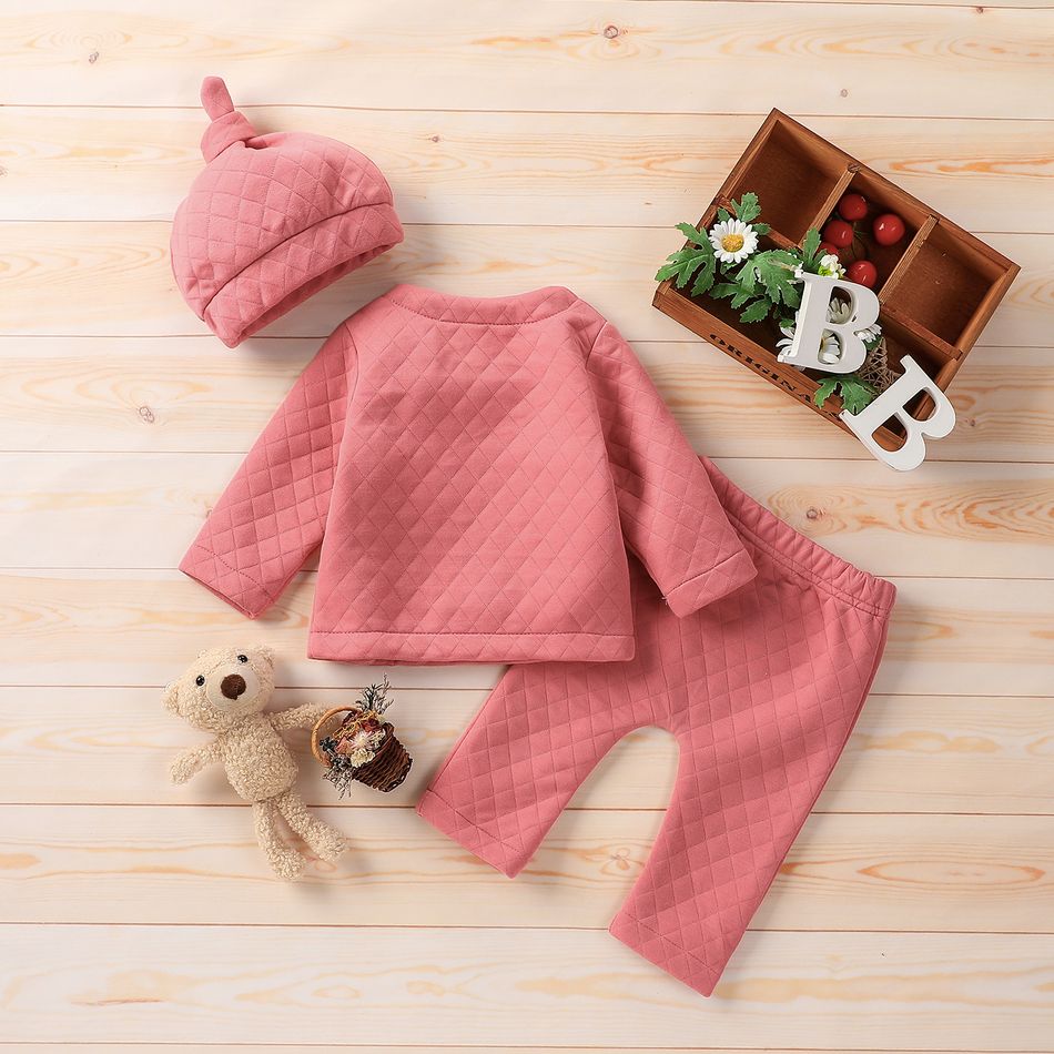 3-piece Baby Girl Button Design Solid Color Textured Long-sleeve Top, Elasticized Pants and Cap Set Pink big image 3