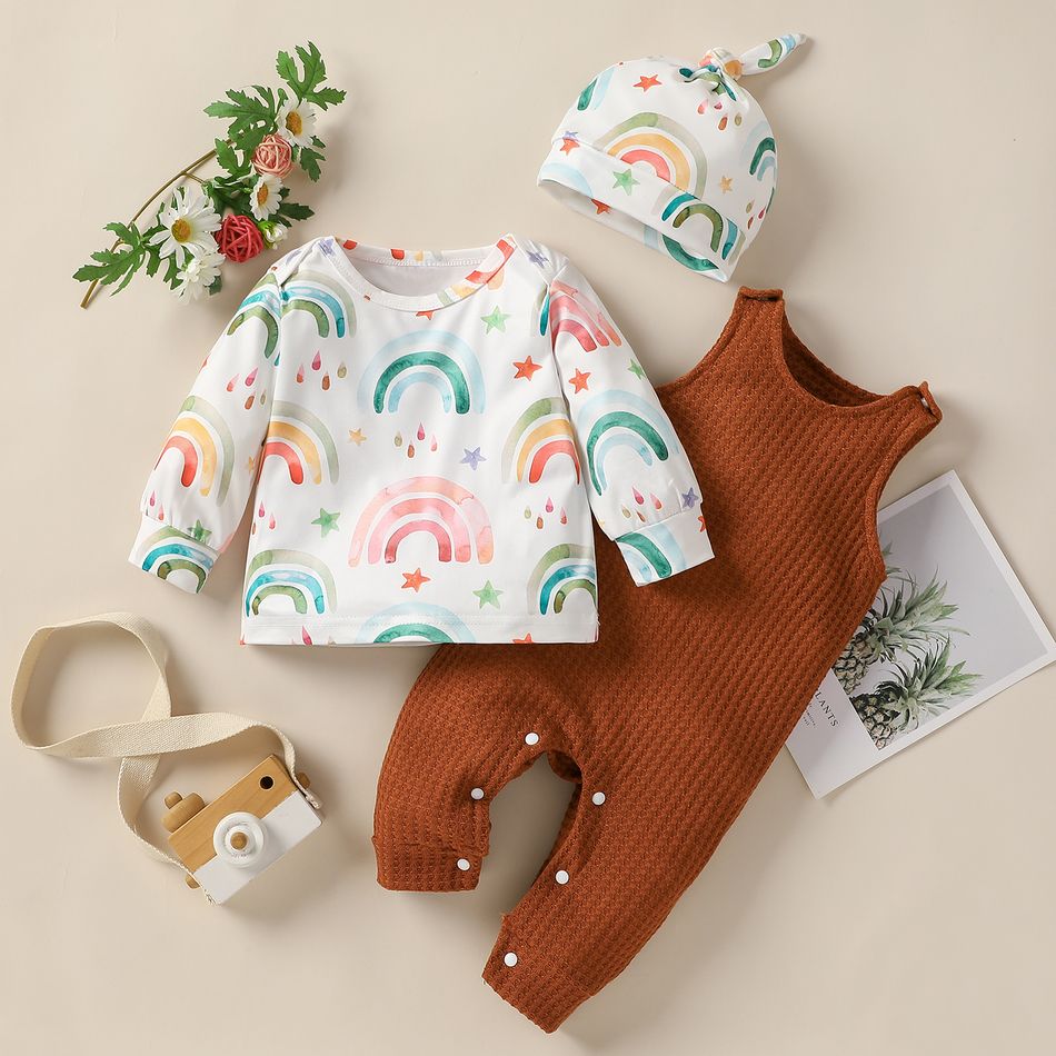 3-piece Baby Girl/Boy Rainbow Stars Print Long-sleeve Top, Waffle Corduroy Sleeveless Jumpsuit and Kontted Cap Set Coffee