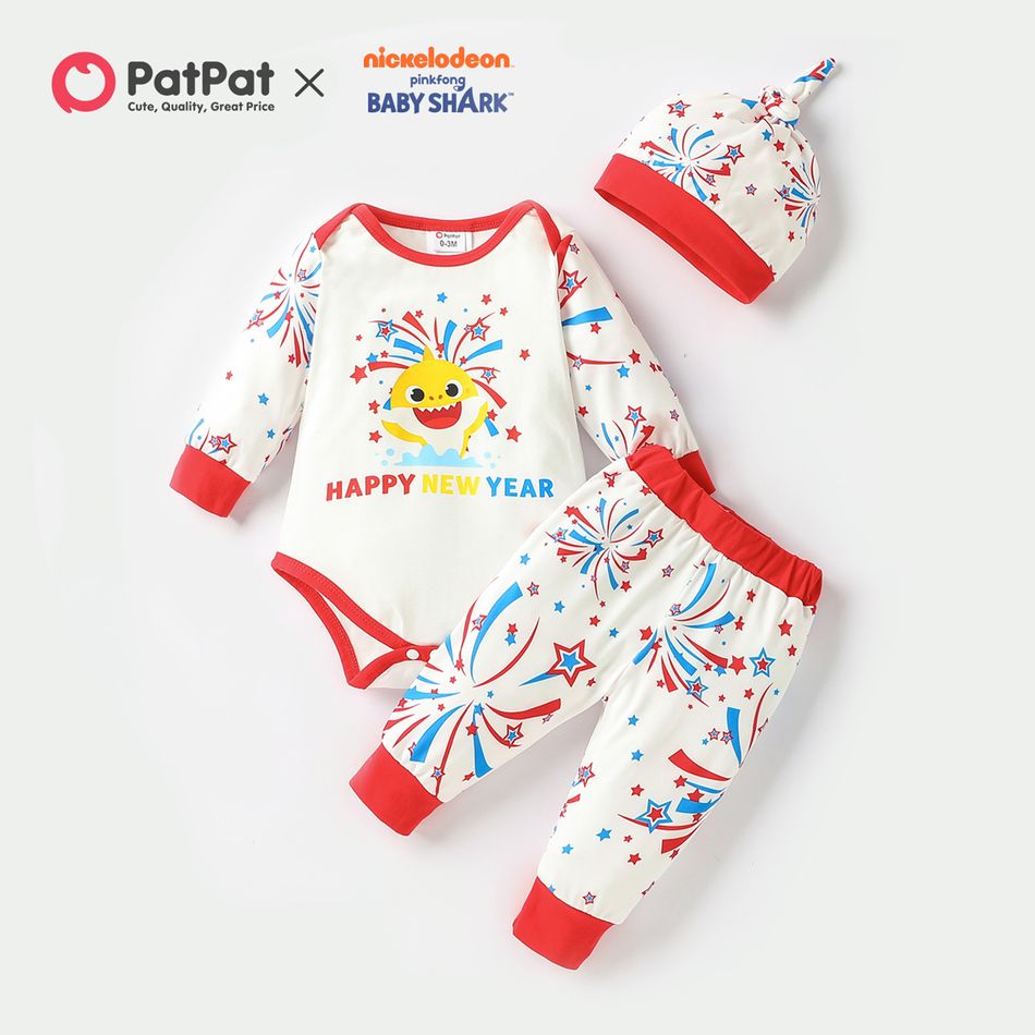Baby Shark New Year 3pcs Baby Firework and Stars Romper and Trousers Set White
