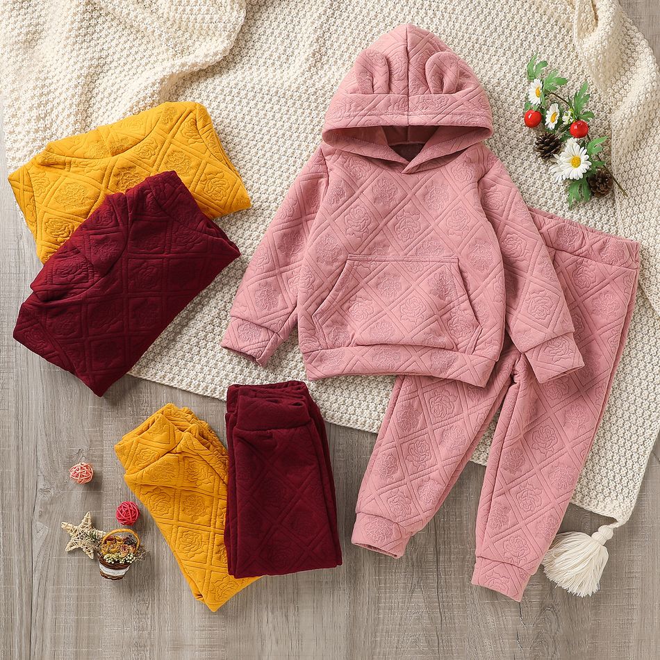 2-piece Toddler Girl Floral Pattern Textured Ear Design Hoodie Sweatshirt and Pants Set Pink big image 6
