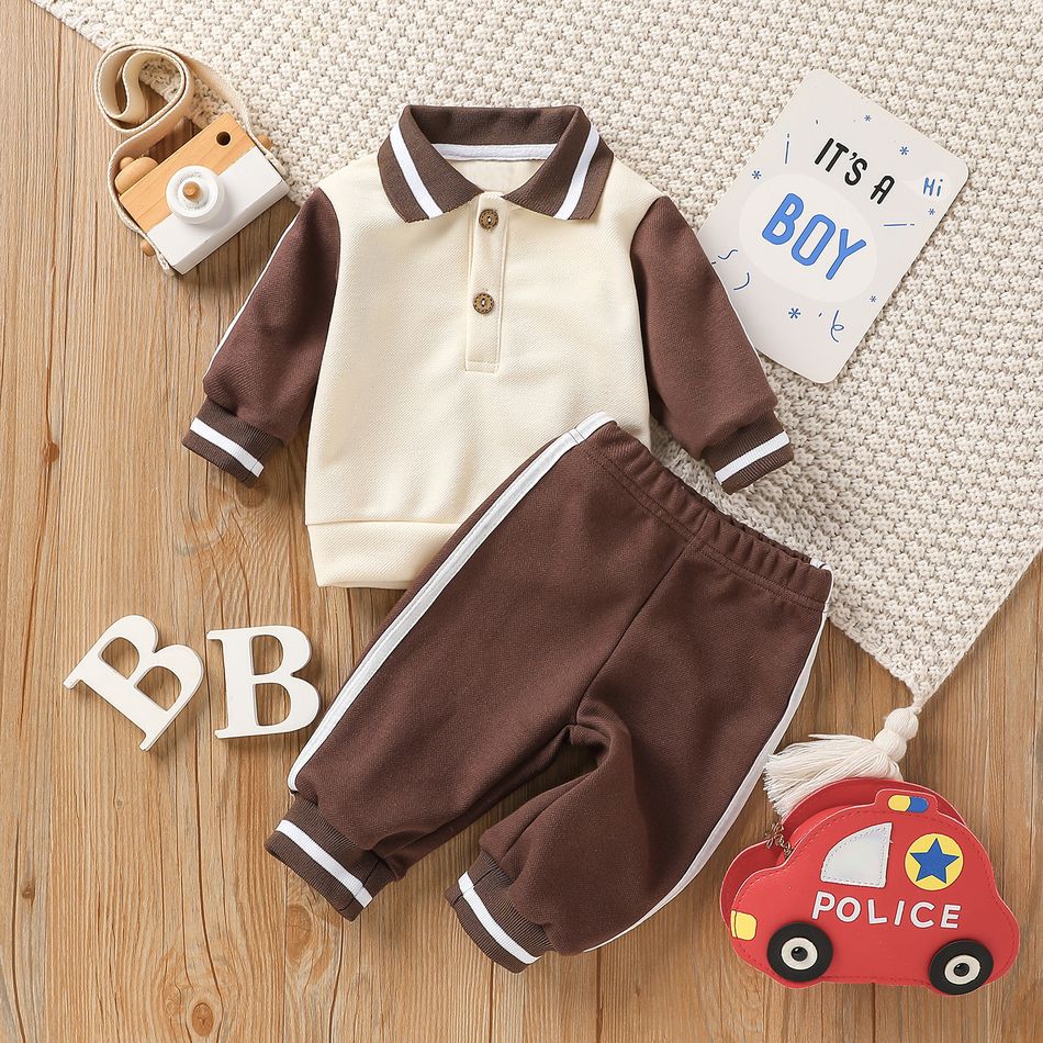 2pcs Baby Boy/Girl Color Block Lapel Long-sleeve Pullover and Track Pants Set Coffee