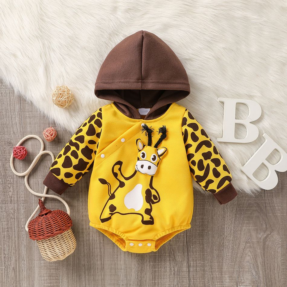 Baby Girl/Boy Animal Print Colorblock Hooded Long-sleeve Romper Yellow