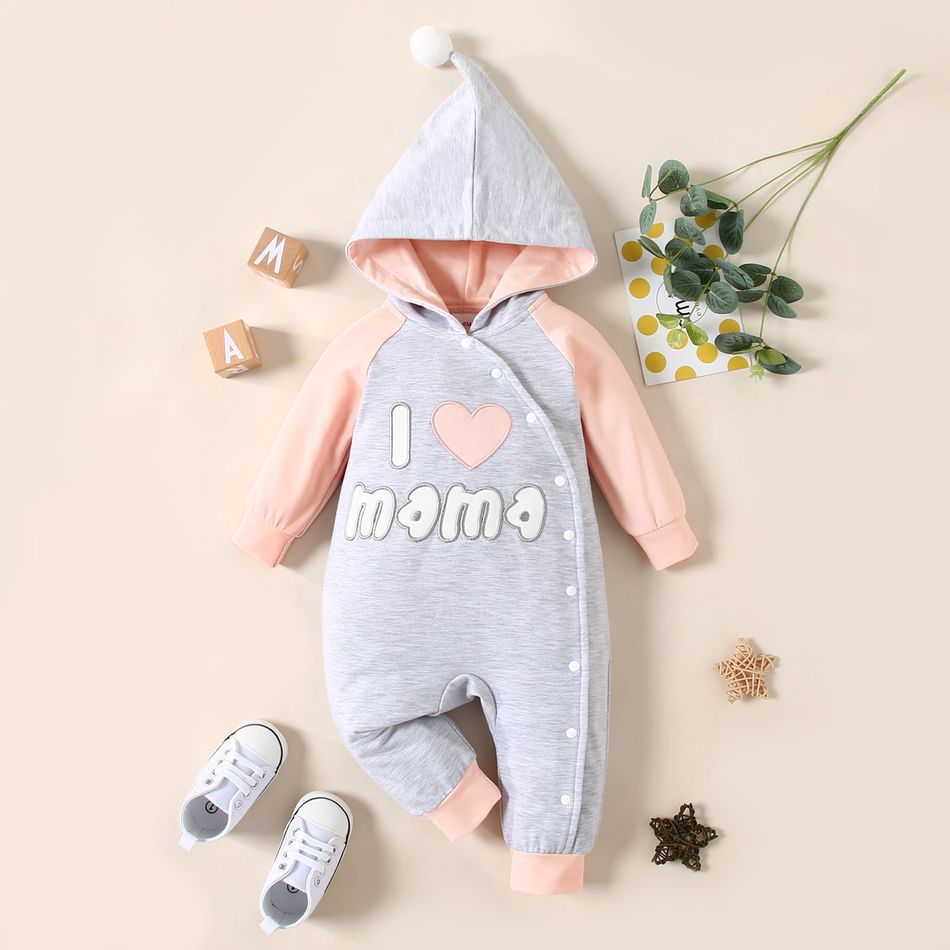 Baby Boy/Girl Letter Embroidered Raglan Long-sleeve Pom Pom Hooded Snap-up Jumpsuit Light Pink