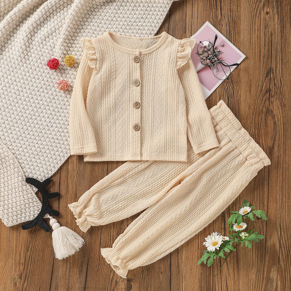 2-piece Toddler Girl Ruffled Cable Knit Textured Button Design Long-sleeve Top and Paperbag Pants Set Apricot