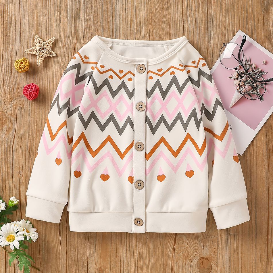 Toddler Girl Heart Chevron Stripe Print Button Design Dralon Jacket Creamy White