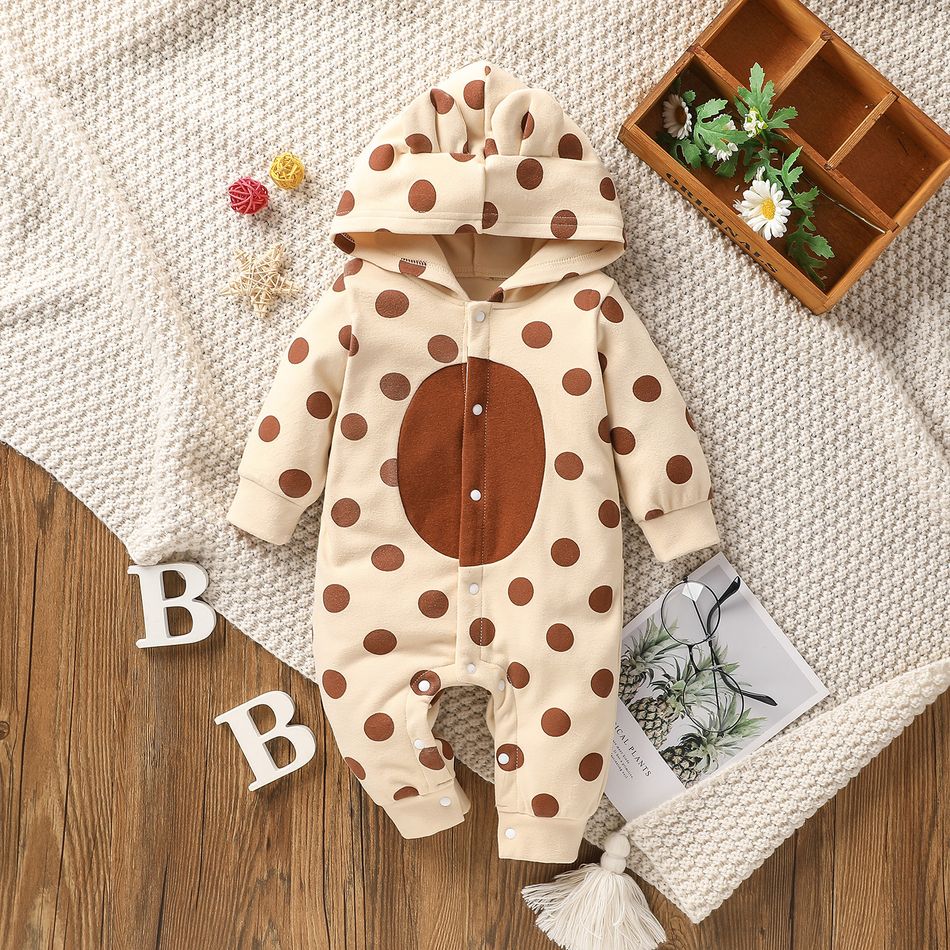 Baby Boy All Over Polka Dots 3D Ears Hooded Long-sleeve Snap-up Jumpsuit Apricot