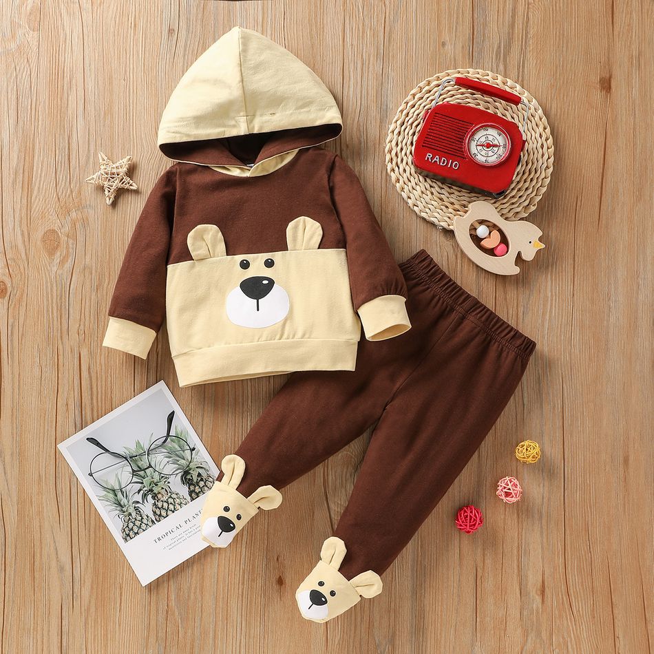2pcs Baby Girl Cartoon Bear Print Long-sleeve Hoodie and Footed Pants Sets Coffee