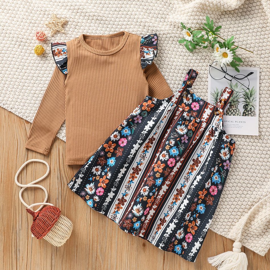 2-piece Toddler Girl Ruffled Long-sleeve Ribbed Top and Floral Print Exotic Overall Dress Set Multi-color