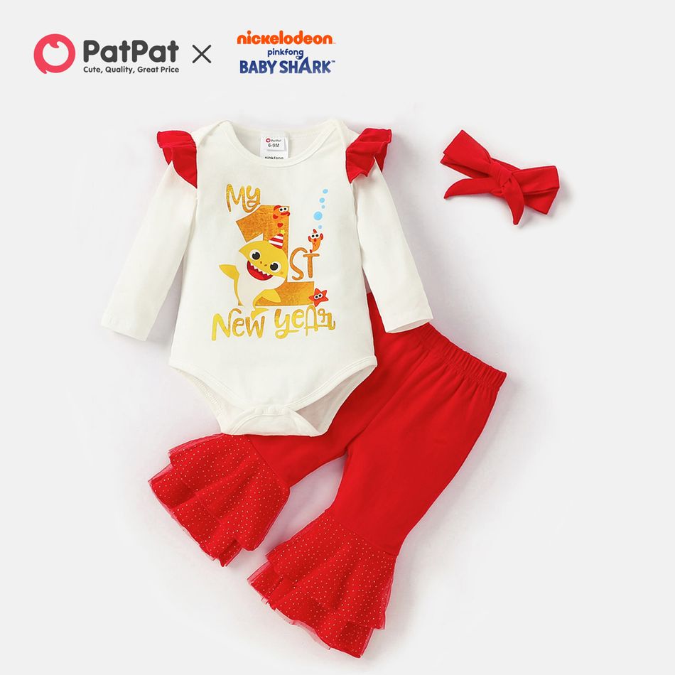 Baby Shark New Year 3pcs Baby Girl Flounce Bodysuit and Red Bell Bottom Pants Set with Headband Red